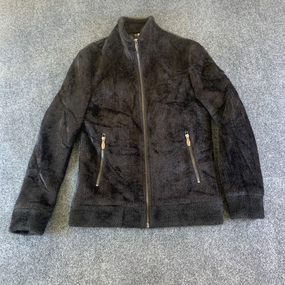 Xin Run Vogue Faux Fur Plush Fleece Jacket Womens Large Black Mock Neck Full Zip